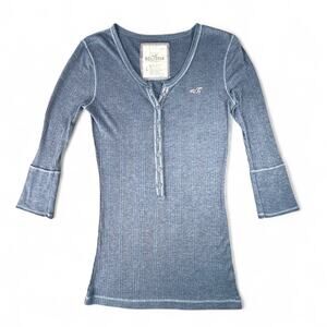 Hollister Y2K 3/4 Sleeve Fitted Blue Button Henley L Twilight Saga Gilmore Girls